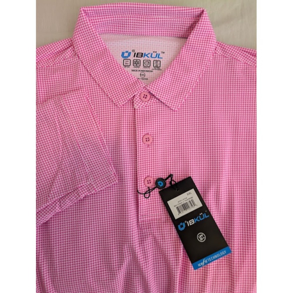 IBKÜL Long Sleeve Polo Men XXL Hot Pink White Mini Check Icefil UPF 50+ NWT